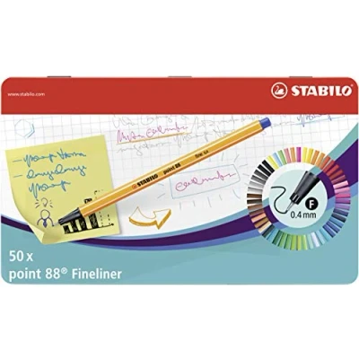 Abbildung von STABILO Fineliner point 88 50er Metalletui mit 47 verschiedenen Farben 2x blau, rot, schwarz