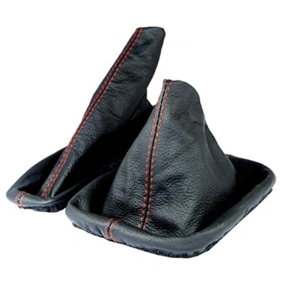 Abbildung von L &amp; P Car Design L&amp;P A0184 Schaltsack Schaltmanschette + Handbremsmanschette kompatibel mit BMW 3er e36 100% Echtleder Leder Schwarz Naht Rot