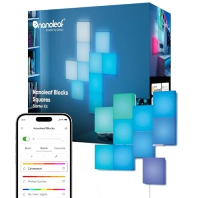 Abbildung von Nanoleaf Blocks Starter Kit 10 Quadrate RGBW Wandlampen diffus Beleuchtung, Musik &amp; Bildschirm Sync, WLAN App Sprachsteuerung (kompatibel mit Alexa, Apple Google Home), Deko Gaming