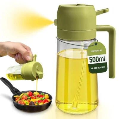 Abbildung von PORTENTUM Ölsprüher für speiseöl 2 in 1 500ml Öl Sprühflasche lebensmittelecht, Ölspray zum Kochen, Hochwertiger Zerstäuber, Heißluftfritteuse (Grün)