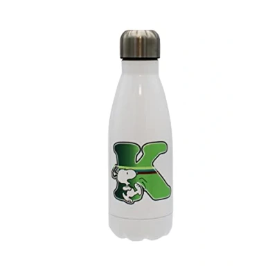 Abbildung von Snoopy Edelstahl Wasserflasche, hermetischer Verschluss, mit mehrfarbigem Buchstaben K Design, 550 ml, weiße Farbe, offizielles Produkt (CyP Brands)