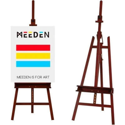 Abbildung von MEEDEN Große Künstler Staffelei, verstellbar, aus massivem Buchenholz, Atelier Staffelei für Erwachsene mit Pinselhalter, hält Leinwand bis zu 48&quot;, Walnuss