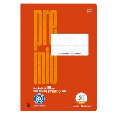 Abbildung von Staufen premio Schulheft 2 Hefte je 32 Blatt, DIN A4, Lineatur 26 (kariert mit Rand), 90 g/m² Recyclingpapier, runde Ecken verhindern „Eselsohren“