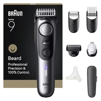 Abbildung von Braun Barttrimmer Series 9, Mit 7 Barber Tools, Power Boost &amp; Lebenslang scharfe ProBlade Klinge, 180 Min Akkulaufzeit, Fade, 52 Längen, Präzisionsrad Verriegelung, Wasserdicht, BT9520, Chrom