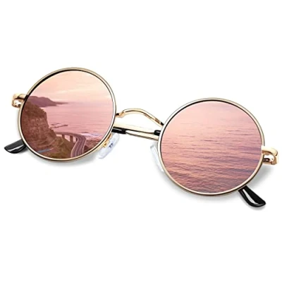 Abbildung von KANASTAL Runde Sonnenbrille Herren und Damen Verspiegelt Rosa Klassische Sonnenbrillen Rund Retro Rave Hippie Steampunk 90er Style Brille UV Schutz mit Metallrahmen