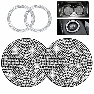 Abbildung von Yungeln 2 Stück Auto Getränkehalter Untersetzer + Start Stop Button Ring Kristall Bling Strass Dekor Zubehör Weiß