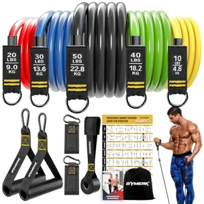 Abbildung von GYMERK Resistance Bands Set, Expander Fitness Mit Gummigriffe, Trainingsplakat, Knöchelriemen, Türanker, Tragtasche, 5er Verschiedene Widerstandsstufen Ideal für Krafttraining