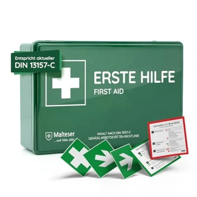 Abbildung von Verbandkasten C nach neuer DIN 13157:2021, mit Wandhalterung/Wandmontage, Betriebsverbandkasten/Erste Hilfe Kasten für Betriebe, Büro &amp; Baustelle gemäß ASR, grün
