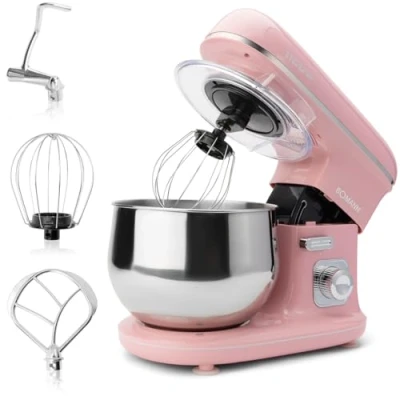 Abbildung von Bomann® Retro Küchenmaschine zum backen Knetmaschine 5L mit starkem 1100W Motor Teigmaschine inkl. Haken &amp; Schneebesen Teigknetmaschine Spritzschutz Nachfüllöffnung KM 6030 CB pink