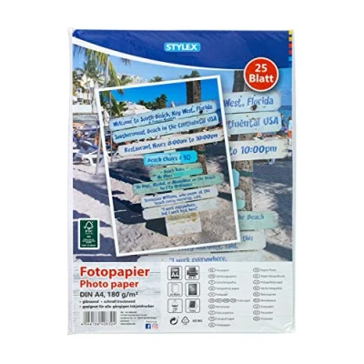 Abbildung von Stylex 40832 Fotopapier, DIN A4, 25 Blatt, 180 g/m², glänzend, schnelltrocknend, geeignet für alle gängigen Inkjetdrucker, Weiß