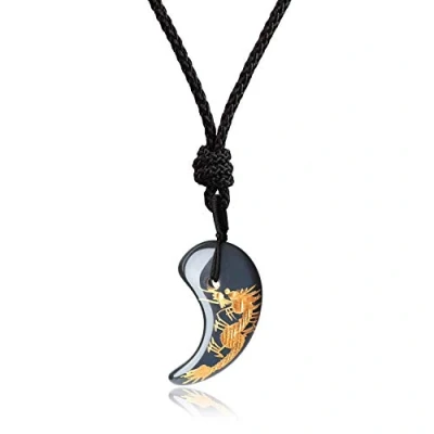 Abbildung von COAI Geschenkideen Unisex Japanische Magatama Kommaförmige Horn Anhänger aus Obsidian Drache Symbol Amulett Glückskette