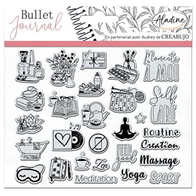 Abbildung von Aladine Self Care Stempelbrett aus Schaumstoff, Silikonabdruck, ideal für Bullet Journal, Scrapbooking, Notizbücher kreative Hobbys