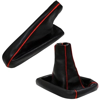 Abbildung von AERZETIX Satz Schaltsack + Handbremssack Kunstleder Farbe Schwarz/Rot leder für Auto