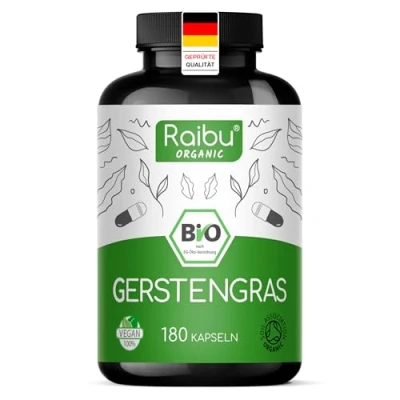 Abbildung von Raibu Bio Gerstengras Kapseln 3600 mg pro Tagesdosis ökologischer Anbau 180 Hochdosiert, Vegan, laborgeprüft &amp; zertifiziert in Deutschland produziert