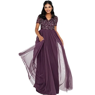 Abbildung von Maya Deluxe Abendkleid mit Pailletten Cocktailkleid Damen V Ausschnitt Tüllkleid Beere Größe 38