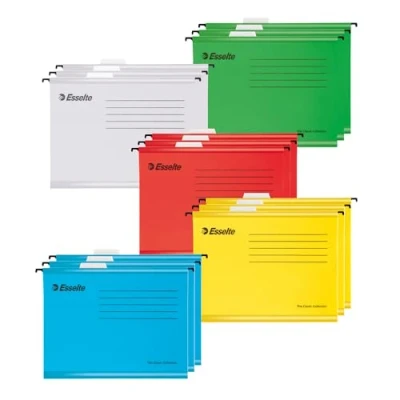Abbildung von Esselte A4 Hängeregister aus verstärktem Karton, 15er Set, Mappe stabilem, 100% recyceltem mit Taben, für Akten und Unterlagen in Büro, Schule, Home Office, 5 Farben, 628808