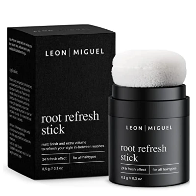 Abbildung von LEON MIGUEL Trockenshampoo Puder im Handtaschenformat gegen fettende Ansätze Volumen für mehr Frische und Veganes Dry Shampoo mit 24h Fresh Effect root refresh stick