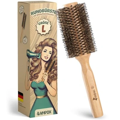 Abbildung von lampox Rundbürste zum Föhnen mit Wildschweinborsten für Volumen und Glanz, Rundhaarbürste, Stylingbürste Frauen Männer, Glätten, Locken (L)