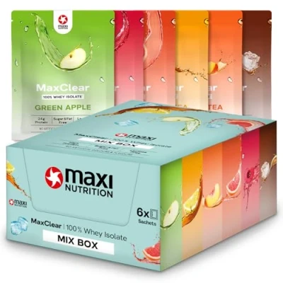 Abbildung von MaxiNutrition MaxClear Mixbox 6 Sorten á 30 g, 100% Clear Whey Protein Isolate, Pulver mit 24g Eiweiß pro Portion, erfrischend, kalorienarm, ohne künstliche Aromen
