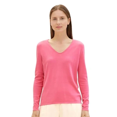 Abbildung von TOM TAILOR Damen Basic Strickpullover mit V Ausschnitt, 15799 Carmine Pink, XXS