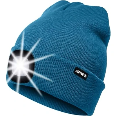 Abbildung von ATNKE LED Beleuchtete Mütze,Wiederaufladbare USB Laufmütze mit Licht Extrem Heller 4 Lampe Winter Warme Stirnlampe für Herren und Damen Geschenke/Peacock Blue