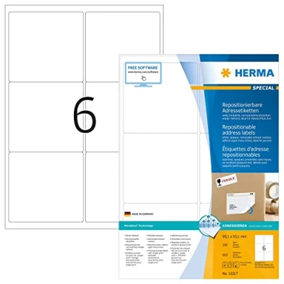 Abbildung von HERMA 10317 Universal Etiketten blickdicht ablösbar, 100 Blatt, 99,1 x 93,1 mm, 6 pro A4 Bogen, 600 Stück, selbstklebend, bedruckbar, matt, blanko Papier Klebeetiketten Aufkleber, weiß