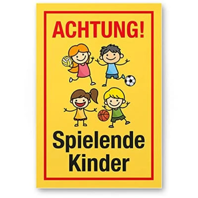 Abbildung von Komma Security Achtung spielende Kinder Schild 20 x 30 cm Hinweisschild Warnzeichen Warnschild langsam fahren Warnung Hinweis Spielstraße Spielplatz Vorsicht