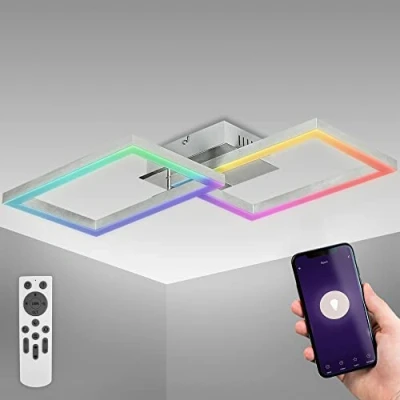 Abbildung von B.K.Licht Smart Home LED Deckenlampe mit App und Stprachsteuerung, einstellbar von warmweiß bis kaltweiß, buntes RGB Licht, Lampe,LED Deckenleuchte, Wohnzimmerlampe, 50x38x9,1 cm, Chrom Alu