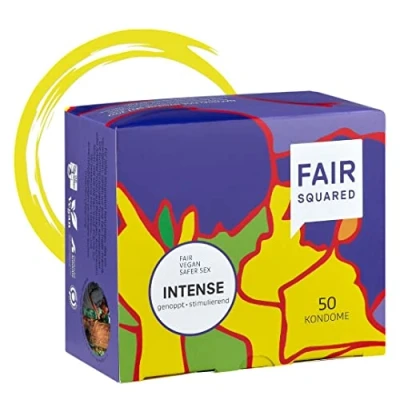 Abbildung von fair SQUARED 50 Stück Kondome Intense stark genoppt vegane Naturkautschuk nachhaltig &amp; LGBTQ Kondom mit Noppen für mehr Extase vegan
