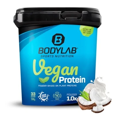 Abbildung von Bodylab24 Vegan Protein Kokosnuss 1000g, 100% veganes Proteinpulver aus Ackerbohnen, Erbsen und Kürbiskernprotein, mit 80g Eiweiß je 100g Pulver, ideal für den Muskelaufbau erhalt