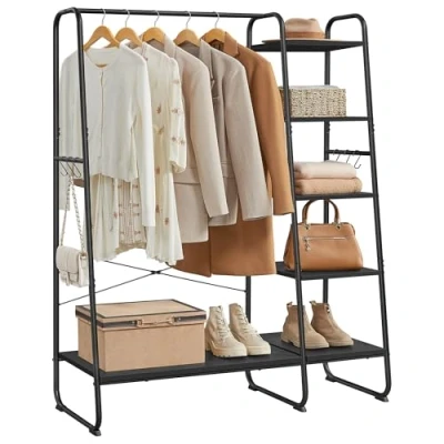 Abbildung von VASAGLE Kleiderständer, Garderobenständer, 45 x 120 160 cm Garderobe, Kleiderstange, Schuhablage, offener Kleiderschrank, 6 Haken abnehmbar, Schlafzimmer Flur, ebenholzschwarz Mattschwarz RGR116B02