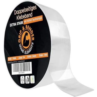 Abbildung von GRIP&amp;BENDER Doppelseitiges Klebeband 5 Meter x 24MM Nano Tape Doppelseitig Transparent Spurloses Multifunktionales Rutschfestes Nanotape extra dünn (1mm) Ultra Stark
