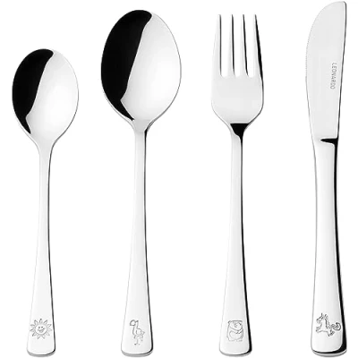 Abbildung von LEONARDO Bambini Avventura Kinder Besteck Set 4 teilig Mit Motiven aus hochwertigem Edelstahl Spülmaschinengeeignet Tier Panda, Einhorn, Flamingo, Sonne Gravierbar, 070799
