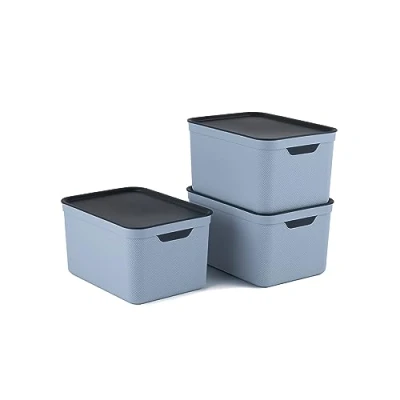 Abbildung von Jive 3er Set Dekobox A4 fog blue Aufbewahrungsbox 16l mit Deckel, Kunststoff (PP recycelt), blau/anthrazit, 3x16l (37.5 x 27.8 29.8 cm)