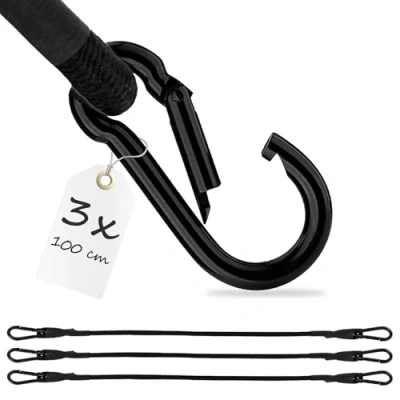 Abbildung von ECENCE 3X Spanngummi mit Karabiner aus Edelstahl 100cm in Schwarz Latex Spanngurte, Gepäckspanner, Expander, Spannseil für Fahrrad, Auto, Gepäck, Transportsicherung