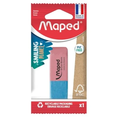 Abbildung von Maped Radiergummi Duo Gom Medium aus Naturkautschuk ohne PVC rosa und blau FSC zertifiziert Papierverpackung 100% recycelbar