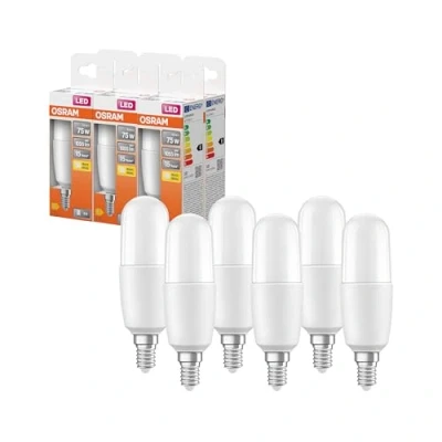 Abbildung von OSRAM LED Lampe mit E14 Sockel, Warmweiss (2700K), Stabform, 10W, Ersatz für 75W Glühbirne, matt, STAR STICK, 6er Pack, Warmweiß