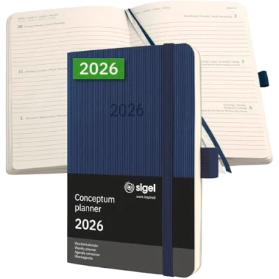 Abbildung von SIGEL C2633 Wochenplaner Wochenkalender 2026, ca. A6, dunkelblau, Softcover, 176 Seiten, Gummiband, Stiftschlaufe, Archivtasche, aus nachhaltigem Papier, Kalenderbuch Conceptum