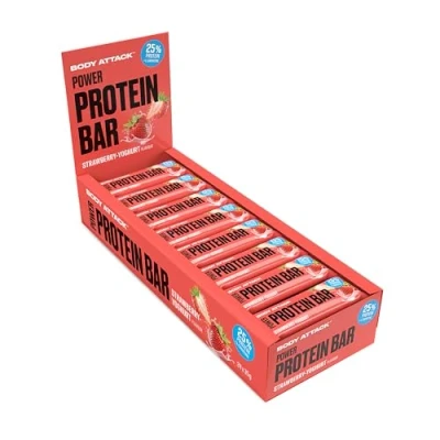 Abbildung von Body Attack Proteinriegel Strawberry Yoghurt 24 x 35 g Fitness Protein Riegel fettarm Eiweißriegel mit wichtigen Vitaminen, L Carnitin &amp; 25% hochwertigem Milcheiweiß Made in Germany