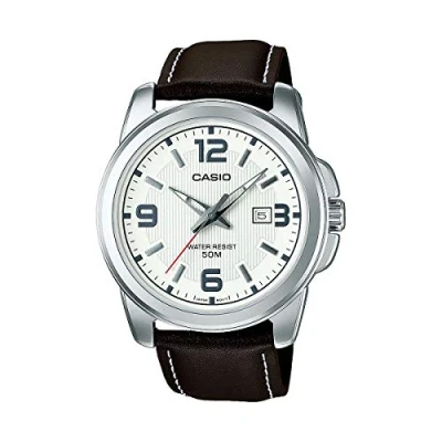 Abbildung von Casio Herren Quartz Armbanduhr, 43.00mm GehäusegröÃŸe mit weiÃŸ analog Zifferblatt und braun Lederarmband Armband MTP 1314PL 7AVEF