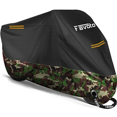 Abbildung von Favoto [Verbesserte Version] Wasserdicht Motorradabdeckung Motorrad Abdeckplane Outdoor Motorradgarage Motorroller Abdeckung Winddicht mit 2 Gürtelschnalle Schwarz Camouflage 265cm x 105cm 125cm