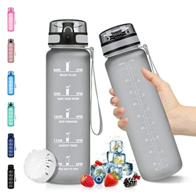 Abbildung von trinkflasche 1L, Tritan Sport BPA Frei, Wasserflasche 1L Zeitmarkierung und Filter, Kohlensäure Geeignet, für kinder, Sport, Fahrrad, Camping, Outdoor