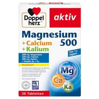 Abbildung von Doppelherz Magnesium 500 + Calcium Kalium Hochdosiertes als Beitrag für die normale Muskelfunktion und das Elektrolytgleichgewicht 30 Tabletten