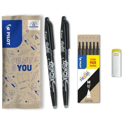Abbildung von PILOT FriXion Ball 0.7 Set 2 Stifte, 6 Minen, 1 Radierer Schwarz Radierbare Tintenroller 0,4mm Strichstärke, angenehme Schreibführung beim Schreiben, thermosensitive Tinte, austauschbare Mine