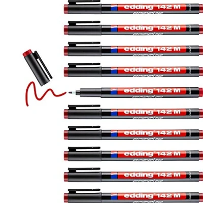 Abbildung von edding 142 M Permanenter Folienschreiber rot 10 Stifte Rundspitze 1 mm Stift zum Schreiben auf Glas, Kunststoff, Folien und glatten Oberflächen schnelltrocknend, wisch wasserfest