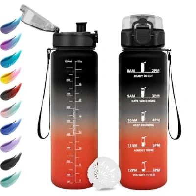 Abbildung von Trinkflasche 1L, Wasserflasche Sport mit Filte, Auslaufsicher Kohlensäure Geeignet, Motivierende Zeitmarkierung, Sportflasche für Yoga, Schule, Camping, Fahrrad, Büro
