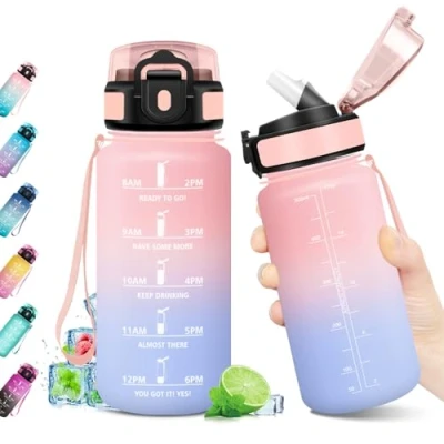 Abbildung von Sportflasche 500ml, Trinkflasche Kohlensäure Geeignet, Auslaufsicher, BPA frei, mit Zeitmarkierung &amp; Strohhalm, Motivierende Wasserflasche für Fitness, Schule, Fahrrad, Yoga, Camping,
