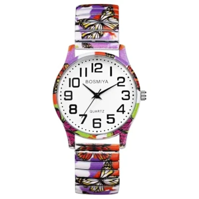 Abbildung von JewelryWe Damenuhr Boho Elastische Uhr: Bohemian Stil Schmetterling Analog Quarz Armbanduhr Damen Stretch Armband Lässige Uhr mit Edelstahl Zugarmband &amp; großen Zahlen Zifferblatt