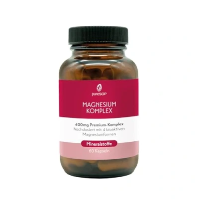 Abbildung von pureSGP Magnesium Komplex 400 mg reines Premium aus 4 hochwertigen Magnesiumformen. Pharmazeutische Expertise Deutschland. Hohe Bioverfügbarkeit. Labor geprüft, hochdosiert. Vegan