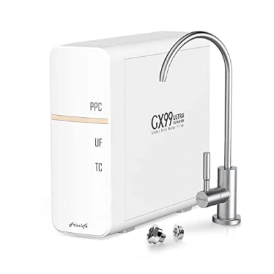 Abbildung von Frizzlife GX99 UF Untertisch Wasserfiltersystem 0,01 Mikron, High Flow Trinkwasserfiltration mit speziellem Wasserhahn aus gebürstetem Nickel, kein Abwasser, Strom erforderlich